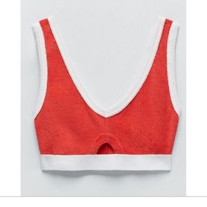 NWT ZARA Terry Cloth Crop Top Cutout
V-Neck Sleeveless Red White Small